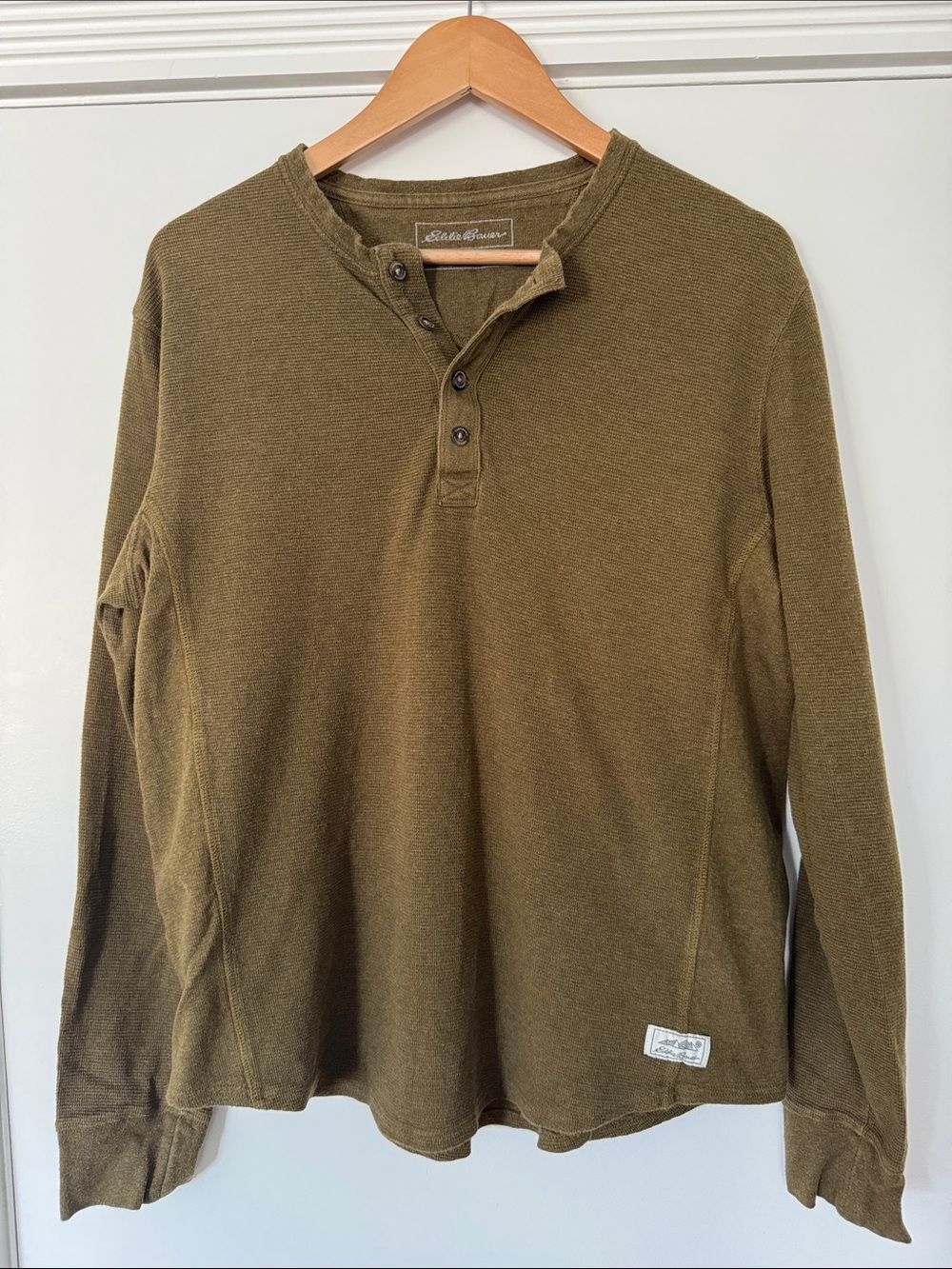 Eddie Bauer Olive Green Waffle-Knit Henley Long Sleeve